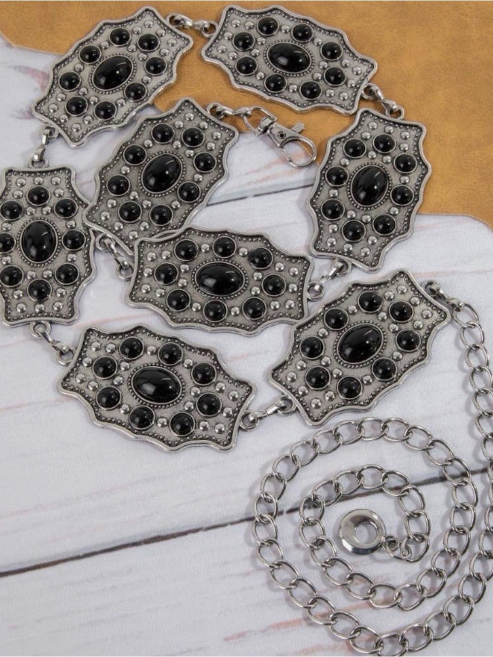 Silver-Tone Western-Inspired Black Stone Link Belt - Women's Accessories